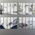 Multi Panel Chinese Landscape Paintings With Mountains Rivers Bamboo Sun Birds And Boat