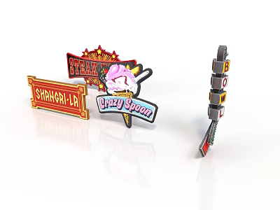 Colorful Decorative Signage Set With Shinahara Red Sign Crazy Spoons And Number 6 Street Sign 3d model