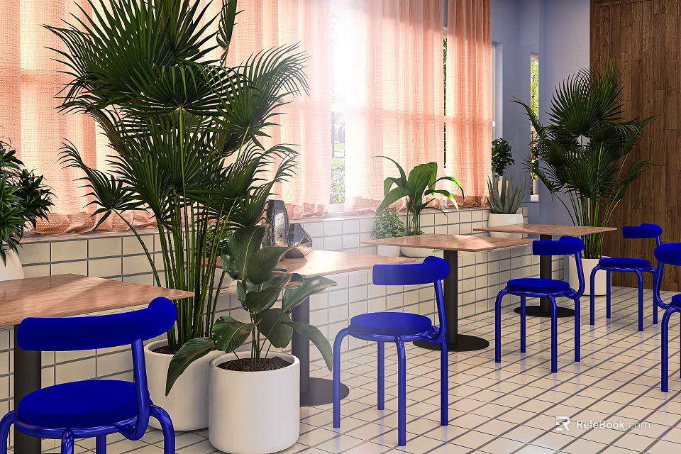 Bright Restaurant Interior With Blue Chairs Green Plants Wooden Tables And White Tiled Floor 3d model 