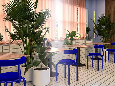 Bright Restaurant Interior With Blue Chairs Green Plants Wooden Tables And White Tiled Floor 3d model