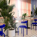 Bright Restaurant Interior With Blue Chairs Green Plants Wooden Tables And White Tiled Floor