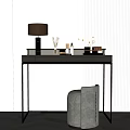 Modern Dressing Table Interior With Table Lamp Cosmetics Stool And Vertical Striped Wall
