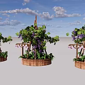 Garden Landscape With Wooden Trellis Grape Vines Purple Grapes And Barrel Planters