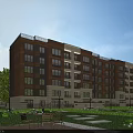 Multi Story Residential Building Featuring Red Brick Exterior Light Stone Accents And Green Garden Courtyard