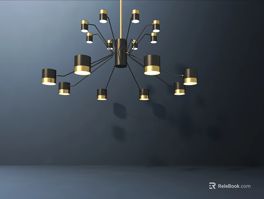Modern Chandelier with Multiple Arms and Cylindrical Shades Black and Gold Illuminated Against Dark Wall 3d model 
