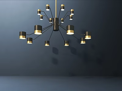Modern Chandelier with Multiple Arms and Cylindrical Shades Black and Gold Illuminated Against Dark Wall 3d model