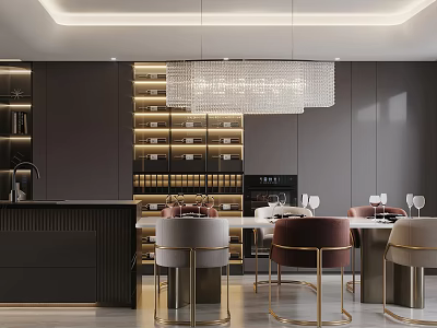 Modern Dining Living Room Interior Design With Chandelier Dining Table Wine Storage Cabinets And Chairs 3d model