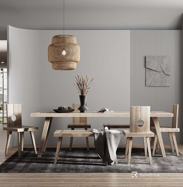 Modern Dining Room Interior With Wooden Dining Table Chairs Woven Pendant Light Striped Abstract Art 3d model 
