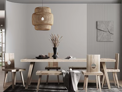 Modern Dining Room Interior With Wooden Dining Table Chairs Woven Pendant Light Striped Abstract Art 3d model