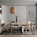 Modern Dining Room Interior With Wooden Dining Table Chairs Woven Pendant Light Striped Abstract Art