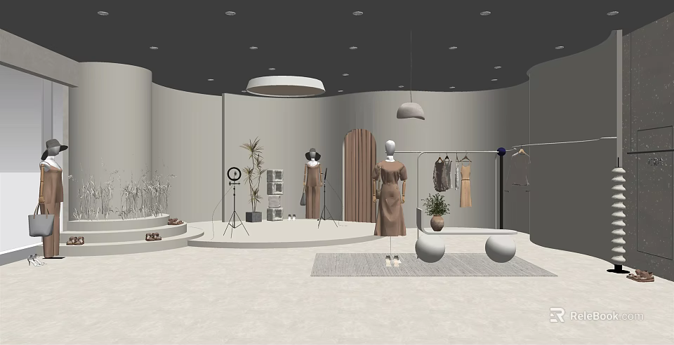 Modern Clothing Store Interior With Mannequins Hanging Clothes And Decorative Plants 3d model 