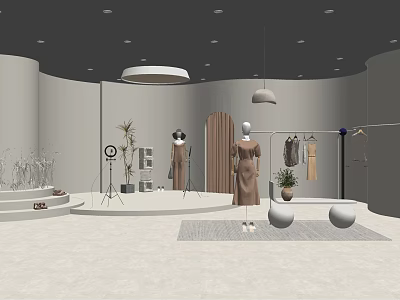 Modern Clothing Store Interior With Mannequins Hanging Clothes And Decorative Plants 3d model