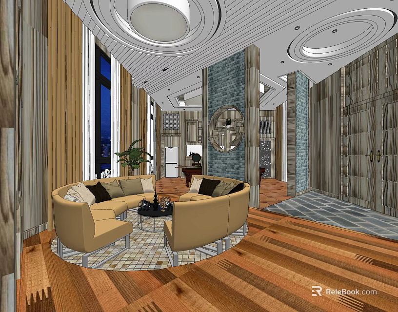 Modern Hotel Public Lounge Area With Circular Sofa Wooden Flooring And Decorative Walls 3d model 