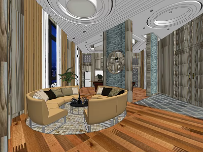 Modern Hotel Public Lounge Area With Circular Sofa Wooden Flooring And Decorative Walls 3d model