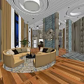 Modern Hotel Public Lounge Area With Circular Sofa Wooden Flooring And Decorative Walls