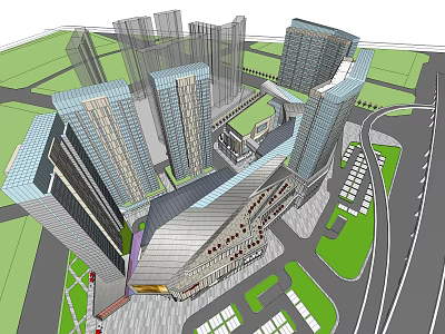 Modern Commercial Complex With High Rise Buildings Green Spaces And Integrated Transportation Links 3d model