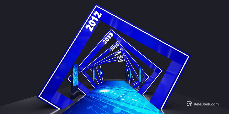 Modern Office Corridor With Blue Lighting Year Numbers And Tech Elements 3d model