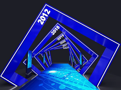 Modern Office Corridor With Blue Lighting Year Numbers And Tech Elements 3d model