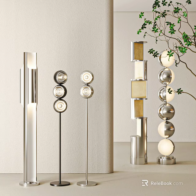 Modern Stainless Steel Floor Lamps With Spherical Shades And Cylindrical Bases 3d model 