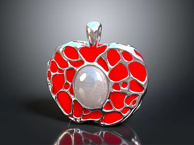 Fashionable Apple Shaped Pendant With Red Silver Design And Central White Gemstone 3d model