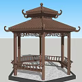 Ornate Traditional Chinese Pavilion With Curved Eaves Carved Roof And Benches