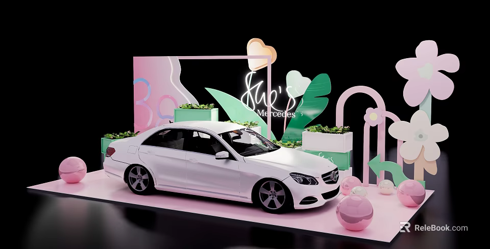 Decorative Display Shelves With White Car Model Her's Collection Neon And Curved Pink Green Decor 3d model 