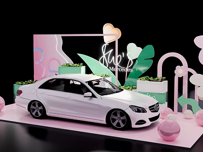 Decorative Display Shelves With White Car Model Her's Collection Neon And Curved Pink Green Decor 3d model