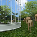 White Birdcage Art Installation Placed On Green Grass Field With Small Trees