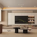 Modern Living Room Interior Design With Brown Sofa Armchair Coffee Table And Wooden Shelves