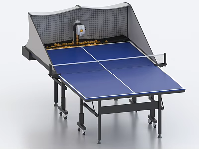 Professional Ping Pong Table With Blue Tabletop White Lines Automatic Ball Launcher Net And Wheels 3d model
