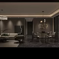 Modern Luxury Dark Toned Open Living And Dining Room Interior Design With Ambient Lighting