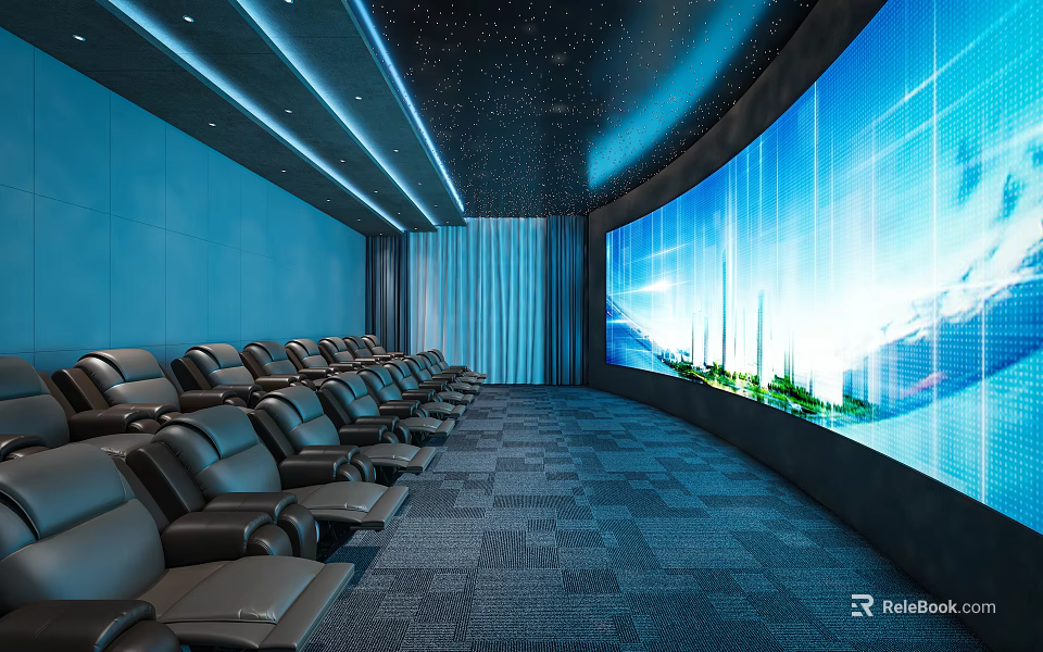 Home Theater Interior With Large Curved Screen Black Leather Seats Starry Ceiling And Blue Lighting 3d model 