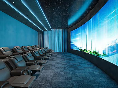 Home Theater Interior With Large Curved Screen Black Leather Seats Starry Ceiling And Blue Lighting 3d model