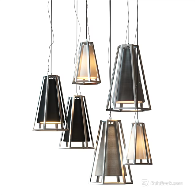 Modern Geometric Pendant Lights With Metal Frame And Cone Shaped Illuminated Design 3d model 