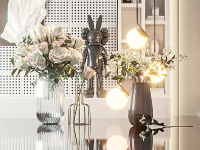 Elegant White Roses In Glass Vases With Modern Decorative Lighting And Interior Decor 3d model