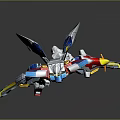 Detailed Colorful Mecha Robot Model Standing With Blue Yellow Red Wings And Swords On Reflective Surface