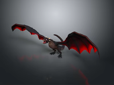Flying Dragon With Red Wings Black Body Spread Wings In Flight Pose 3d model