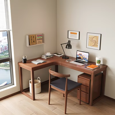 L Shaped Wooden Desk With Chair Lamp Laptop Books Wall Art And Window View 3d model
