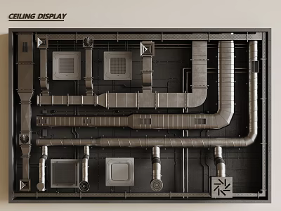 Detailed Industrial Ceiling Structure With Metal Ducts Vents Grilles And Panels 3d model