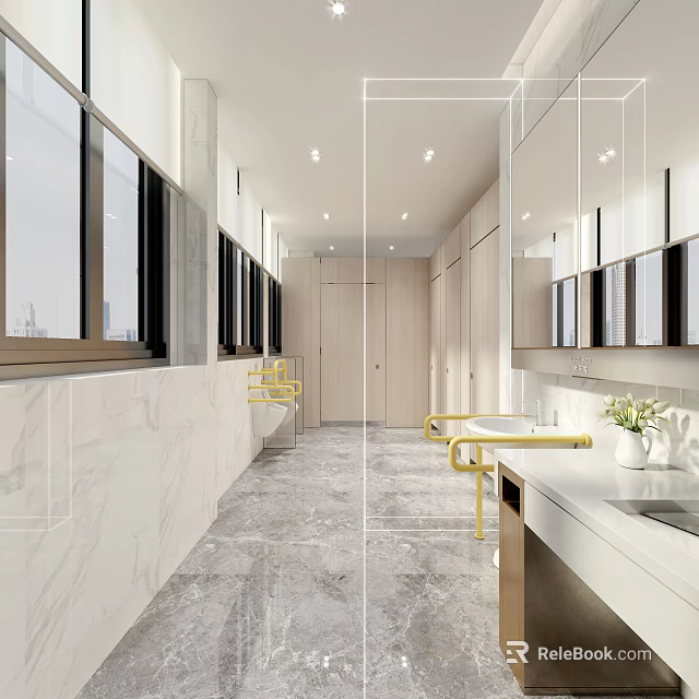 Modern Public Restroom With Marble Walls Gray Floor Tiles Golden Handrails And Washbasins 3d model 