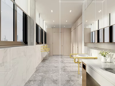 Modern Public Restroom With Marble Walls Gray Floor Tiles Golden Handrails And Washbasins 3d model