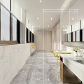 Modern Public Restroom With Marble Walls Gray Floor Tiles Golden Handrails And Washbasins
