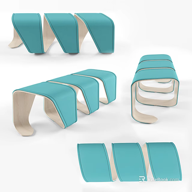 Multiple Modern Blue Stools With Curved Wooden Frame And Padded Seats 3d model