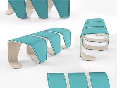 Multiple Modern Blue Stools With Curved Wooden Frame And Padded Seats 3d model