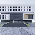 Modern School Building with Rectangular Blocks Grey Exterior Large Glass Windows Front Road Green Belt