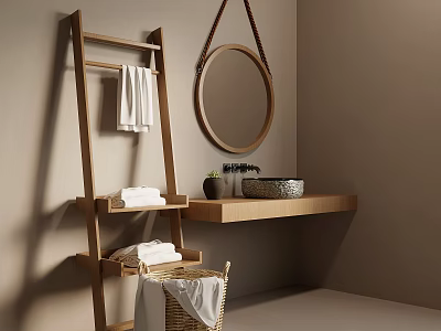 Natural Wooden Bathroom With Ladder Shelf Towels Round Mirror Sink Basin And Plant 3d model