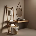 Natural Wooden Bathroom With Ladder Shelf Towels Round Mirror Sink Basin And Plant