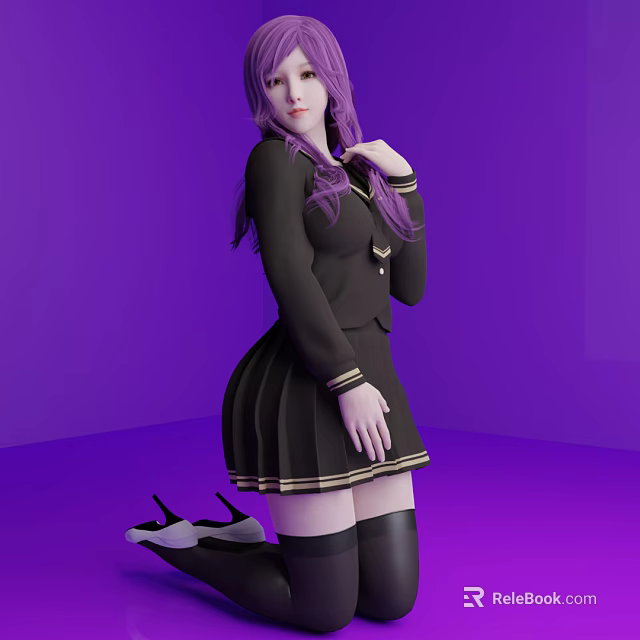 Woman With Purple Hair In Black School Uniform And Pleated Skirt On Purple Background 3d model 