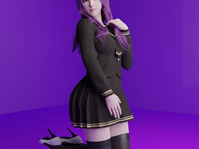 Woman With Purple Hair In Black School Uniform And Pleated Skirt On Purple Background 3d model