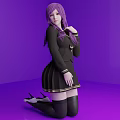 Woman With Purple Hair In Black School Uniform And Pleated Skirt On Purple Background